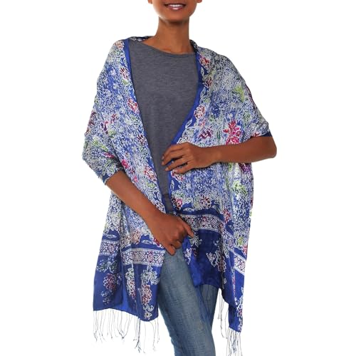 NOVICA Artisan handmade silk batik shawl blue accessories shawls multicolor patterned indonesia floral ' sapphire mums'