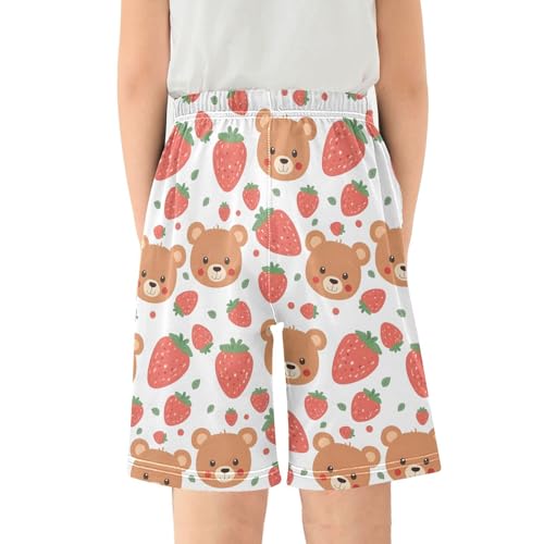 Bear with Strawberry Sleep Shorts Summer Pajama Shorts Elastic Waist Sleep Bottoms with Pockets 6-14 Years2