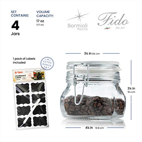 Bormioli Rocco - Food Storage Container - Glass Fido Jars - Hermetic Sealed Hinged Airtight Lid For Fermenting, With Paksh Chalkboard Labels (2 Pack) (17 Ounce (4 Pack)) #TOP6