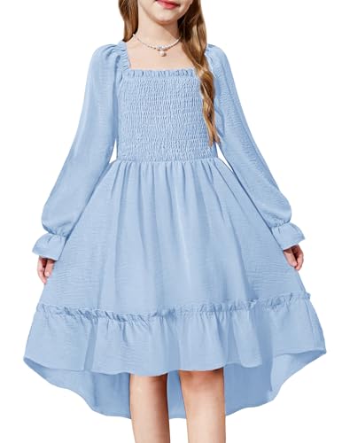 Arshiner Girls Dresses Puff Long Sleeve Fall Winter Smocked High Low Swing Midi Dress with Pockets