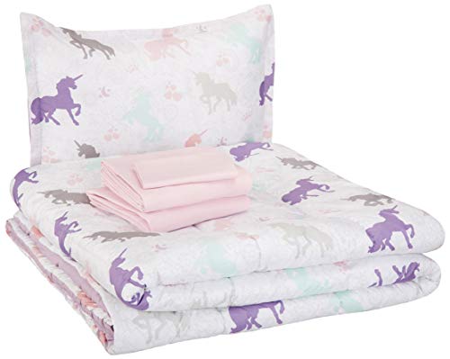 Amazon Basics Kids Bed-in-a-Bag Microfiber Bedding Set, Easy Care, Twin, Purple Unicorns - Set of 5 Pieces