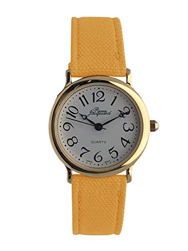 Pierre Jacquard レディース 読みやすい腕時計 ラウンドケース アラビア数字の文字盤 カラフルなキャンバスストラップ イエロー