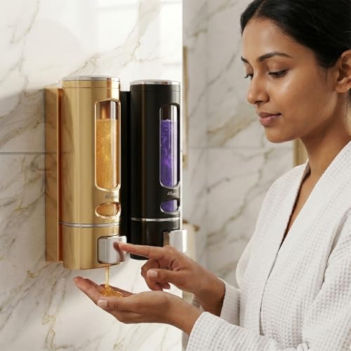 Image of ALTURAS Wall Mounted Liquid Soap Dispenser, ABS, 400 ML, for Shampoo, Sanitizer and Gel Handwash Dispenser (400 ML Gold and Black)