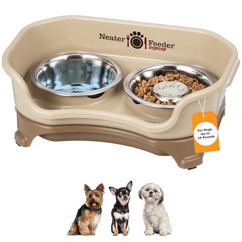 Neater Feeder Express Mess Proof Dog Bowls Elevated for Small Breeds Under 15 Lb, Made in USA, No Spill Raised Dog Food Bowl Stand, Stainless Steel Slow Feed and Standard Water Bowl Set, Cappuccino