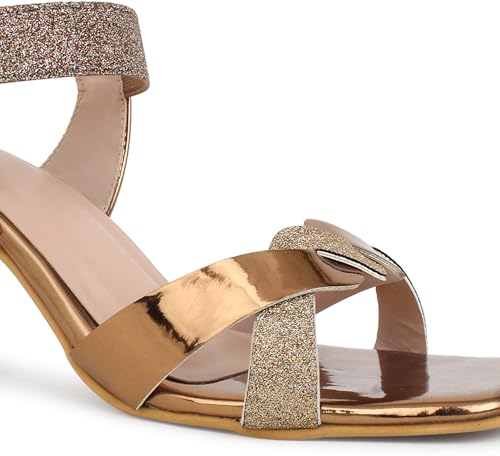 Image of Action Women's Rose Gold Glitter Sandals| Clear Block Heel| Cross-Strap Design with Ankle Strap Bronze
