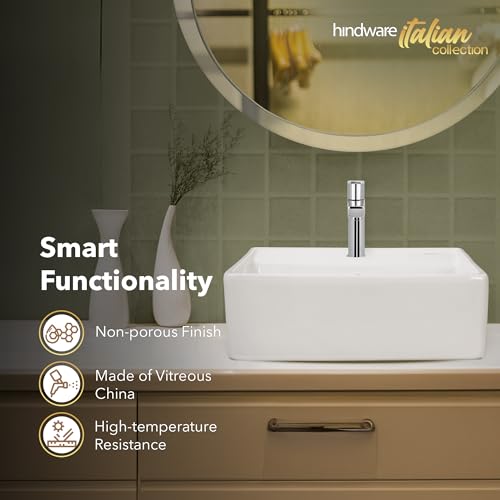 Image of Hindware Italian Collection Inox Table Top Wash Basin for Bathroom | Made of Ceramic | Star White | Square Shape | Over the Counter Basin