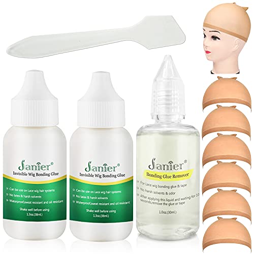 Janier Wig Glue,Invisible Wig Bonding Glue,Lace Wig Glue,Hair Replacement Adhesives Strong Hold,with Wig Glue Remover and Wig Caps,Smoothing Stick,Hair Glue Set