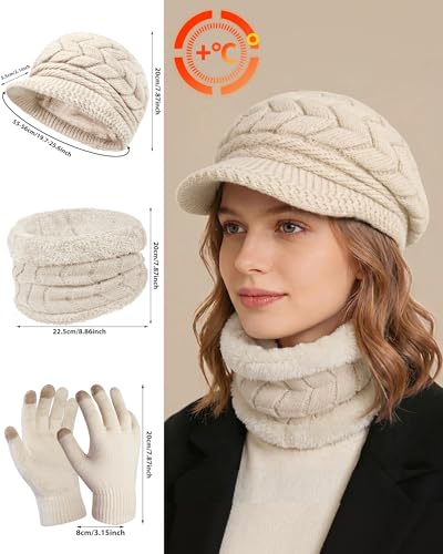 Image of 3-Pieces Winter Hat Gloves Scarf Set, Knit Warm Beanie Hat Neck Warmer Touch Screen Mittens for Women
