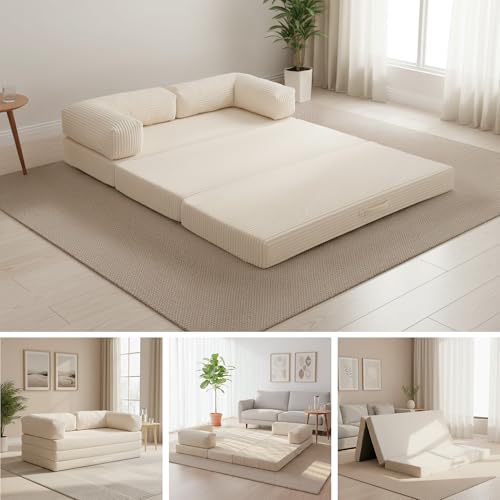 NLDD Sofá-cama conversível casal, sofá dobrável 5 em 1, sofá-cama de veludo cotelê futon, colchão dobrável triplo com apoios de braços e alça removíveis, dorminhoco com cama de puxar para espaço