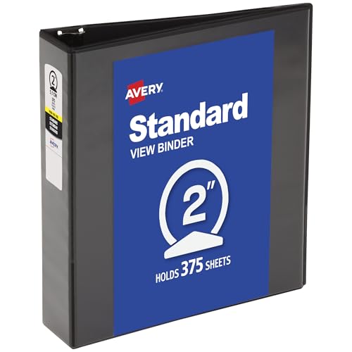 Avery Standard View 3 Ring Binder 2 Round Rings 375-Sheet Capacity 2.8 Inch Wide Spine 1 Black Binder Ideal for Lightweight Organization and Occasional Referencing (05730)