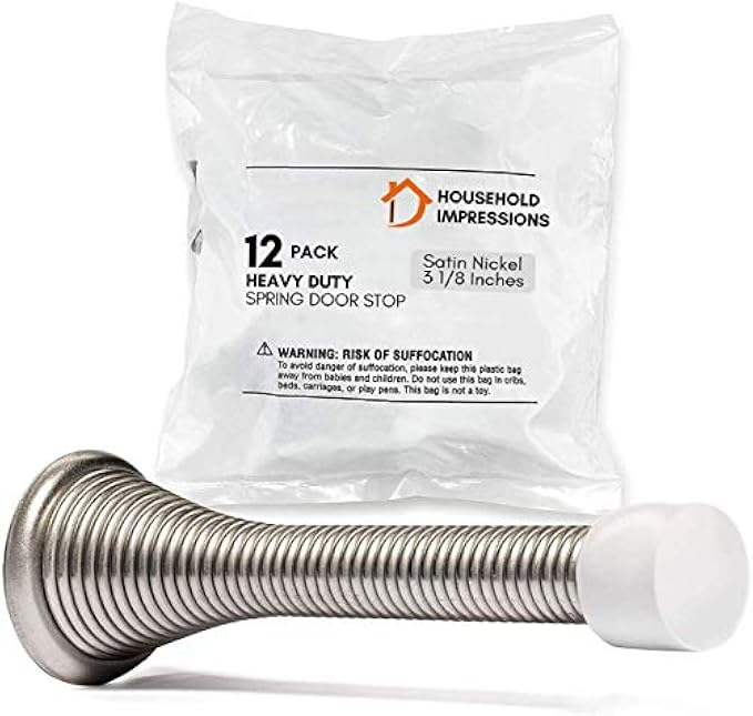HouseHold Impressions 12 Pack Satin Nickel Door Stoppers - 3 ⅛" Flexible Heavy Duty RustProof Steel Screw-in Spring Doorstops with BabyProof White Rubber Bumper Tips - Protects Your Walls from Damage