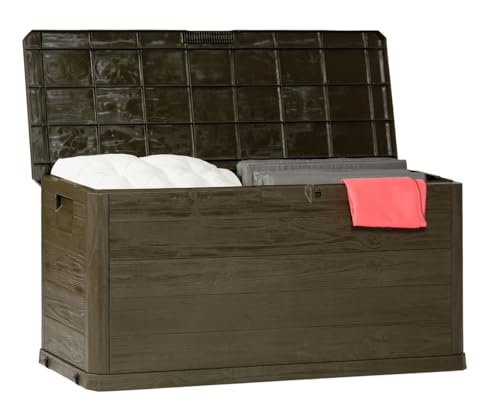 Toomax Multibox Woody's baule portattrezzi da esterno effetto legno, volume 280 litri, dimensioni cm 117x45x56h colore marrone.
