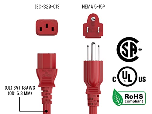 Cable Leader 10Ft 18 Awg Universal Power Cord Iec320 C13 To Nema 5-15P, Red #TOP5
