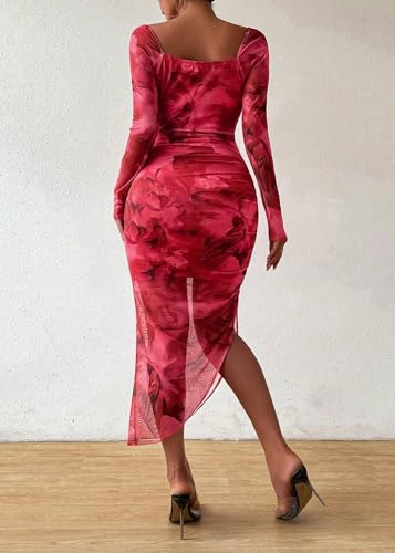 Image of MOEENCN Sexy Women's Bodycon Midi Dress Long Sleeve High Slit Cowl Neck Floral Print Cocktail Party Club Ruched Dresses