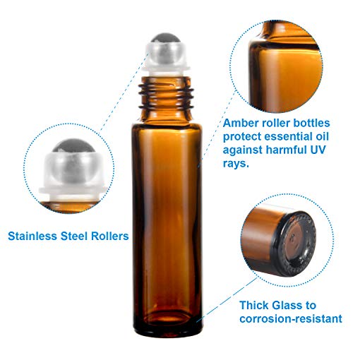 Roller Ball Bottle for Essential Oils 10ml 36 Pack, RUCKAE Essential Oil Roller Bottles, 36 Pack Amber Glass Roller Bottles with Stainless Steel Roller Balls, Openers, Droppers,Funnels Mark Pen