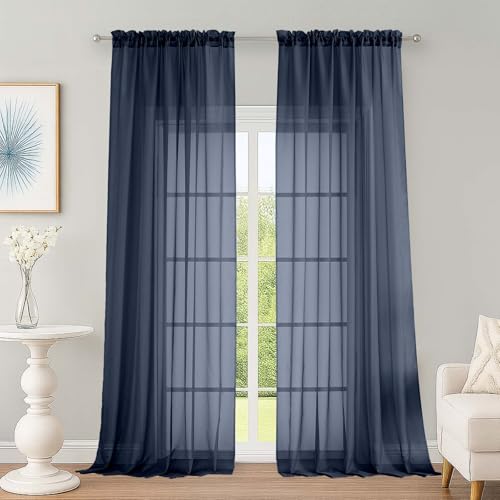 Image of OWENIE Extra Long Navy Blue Sheer Curtains 96 Inches Long 2 Panels Set, Soft Lightweight Airy Voile Sheer Curtain for Bedroom Living Room, Rod Pocket Solid Color Farmhouse Curtains, 59 inch Wx96 L Inch