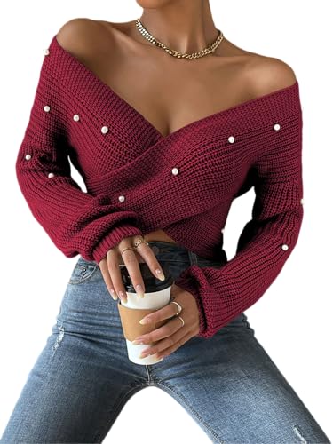 Women's Sexy Off-Shoulder Wrap Sweater V-Neck Long Sleeve Pearl Embellished