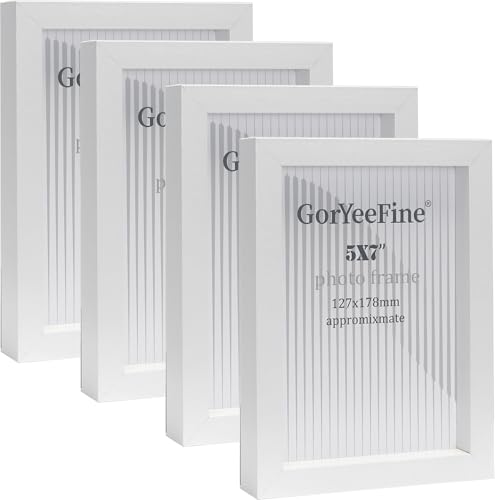 White 5X7 Inch wood Photo Frame Set of 4, Boxed Gallery Picture Frames 7X5'' 4Pack With Glass Window for Tabletop or Wallmounted,Oxford Modern Family Picture Frame 5X7 Inch