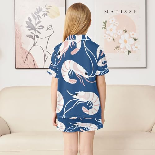 Satin Pajama Sets Short Sleeve Lobster Pattern on Blue Background_1 Button Down Silky Nightwear 2 Piece PJS 5-14Y4