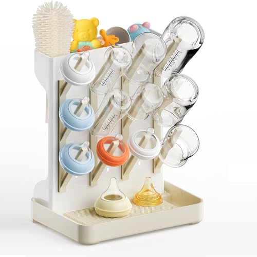 Image of Viddett Vertical Baby Bottle Drying Rack, Space-Saving Countertop Storage Stand, BPA-Free Organizer for Baby Bottles and Pacifiers - Warm Beige