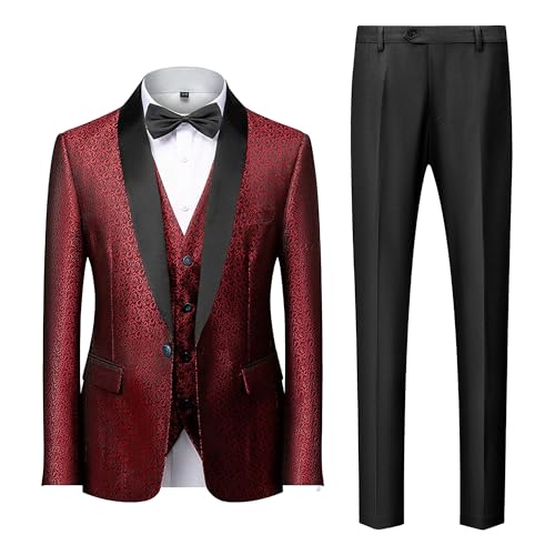 Mens Suits Slim Fit 3 Pieces Tuxedo Blazer Shawl Lapel Printed Pattern Vest Pants Prom Party Business Banquet
