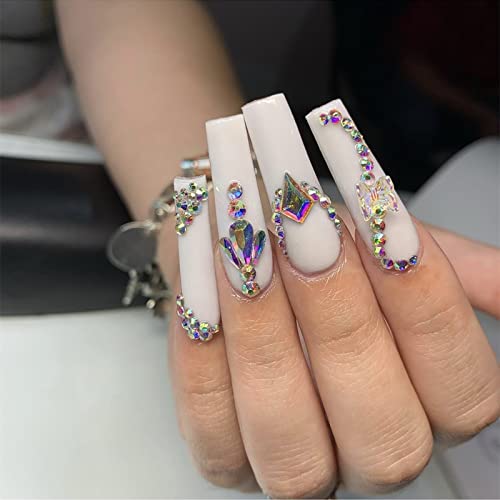 Ezpieces French Tip Press on Nails Long with Rhinestone Designs, 3D Luxury Purple Fake Coffin Nails White with Glue, Acrylic Glue on Nails Artificial for Women/Daily/Party, 24PCS/Set(Going)