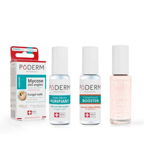 PODERM - LOT 3 PRODUITS | MYCOSE ONGLE TRAITEMENT PURIFIANT + BOOSTER - 2 Best Sellers pour soigner les ongles jaunes et abimés + Vernis Tea Tree camoufle les ongles abimés | Swiss Made Cover