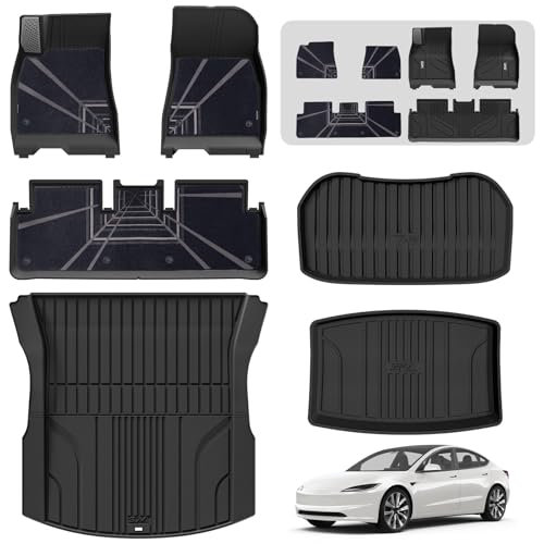 3W Set 6 di Tappetini per Tesla Model 3 Highland 2024-2025 in Thorex™ (Inclusa Moquette) e Tappetini per il Bagagliaio, Tappeti per Resistente e Tap