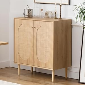Storage Cabinet Sideboard with Rattan Doors Boho Buffet Sideboard Bar Cabinet Farmhouse Credenza Cabinet with Sturdy Wooden Legs with Leveler for Living RoomKitchenHallway Natural Oak