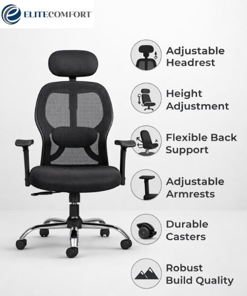 Image of EliteComfort High Back Office Chair | Mesh Ergonomic Chair with Multi-Tilt Lock, Lumbar Support, Strong Nylon Base | Adjustable Armrest | Home & Office Seating (Black)| 1 Years Warranty