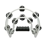 YAYUZEST Half Moon Musical Tambourine Double Row Metal Jingles Hand Held Percussion Tambourines Musical Instrumen with Ergonomic Handle Grip for Adults Church KTV Party (White)