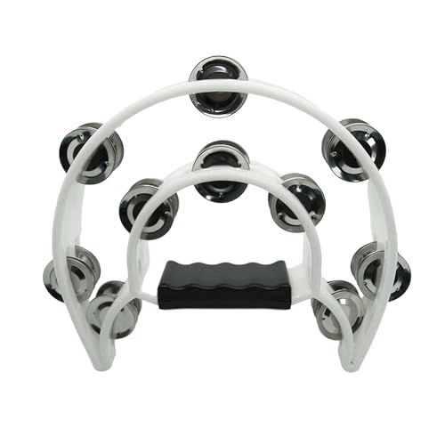 YAYUZEST Half Moon Musical Tambourine Double Row Metal Jingles Hand Held Percussion Tambourines Musical Instrumen with Ergonomic Handle Grip for Adults Church KTV Party (White)