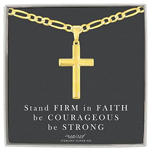 Inspired By My Girls Mens 14K Gold over Sterling Silver Cross Necklace with Figaro Chain and Meaningful Keepsake Card - Ready To Give Gift In Box - 120-20 Cover