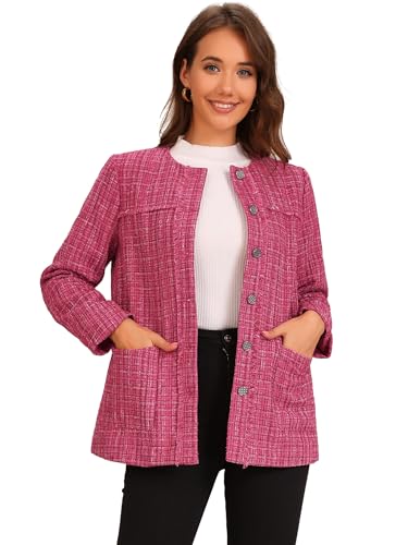 Allegra K Tweed Jacket for Women's Single Breasted Collarless Fringed Casual Business Blazer