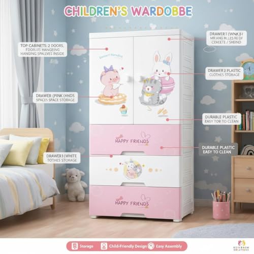 Image of Kids Plastic Wardrobe for Clothes Storage | Baby Cupboard & Almirah with Hanging Rod & Shelves | Portable Collapsible Storage Cabinet for Bedroom | Cartoon Kids Wardrobe