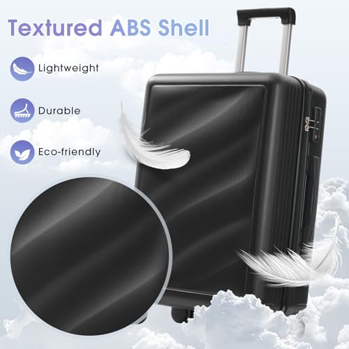 Image of Hardside Luggage Sets, Lightweight Wave Suitcase with Spinner Wheels, Black Wavy Lines