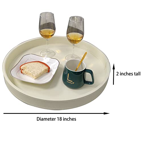 Fuanrun 18 * 18 Inches High-End Light Luxury Leather Round Oversized Service Tray,Ottoman Tray， Coffee Tray, Food Tray, Family Dinner, Outdoor Picnic, Party Party Essential Tray (Beige White) #TOP5