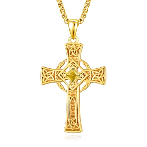 Image of 24K Gold Plated Celtic Cross Necklace for Men Sterling Silver November Birthstone 24K Gold Plated Citrine Cross Pendant Necklace Protection Jewellery Celtic Gifts for Him