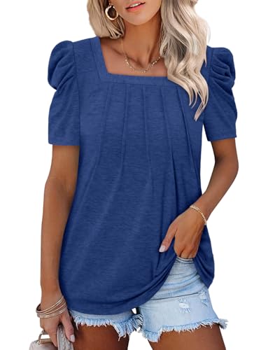 CRAZY GRID Womens Summer Blouses Puff Short Sleeve Shirts Square Neck Dressy Casual Tops Trendy Loose Pleated Tunic Ladies Spring TshirtsSea blue S — view 4