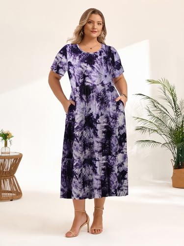Image of LARACE Plus Size Dresses for Women Summer Casual Short Sleeve Long Dress Flowy Maxi Beach Dresses with Pockets L-6XL