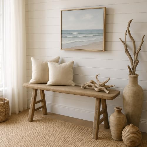 Image of Artissance Handmade Wooden Entryway Bench, Vintage Noodle Bench for Living Room, Bedroom, or Entryway, End of Bed Bench, Weathered Natural Wood Bench Indoor Farmhouse Decor