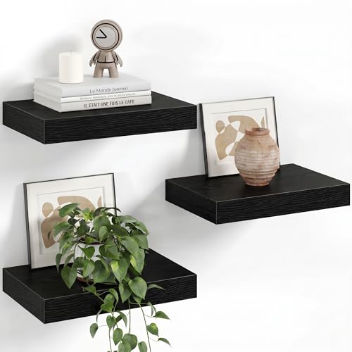 Image of Fun Memories 12 Inch Floating Shelves for Wall Set of 3, Wood Grain Bathroom Shelves with Invisible Brackets, Easy Install Wood Storage Shelves for Kitchen, Living Room, Bedroom, Black