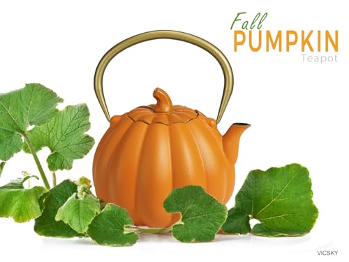 Image of VICSKY Orange Pumpkin Cast Iron Teapot, Natural Pumpkin Color, Japanese Cast Iron Tea Kettle Stovetop Safe with Infuser, Cute Creative Pumpkin Halloween Teapot(40oz /1200ml, Orange)