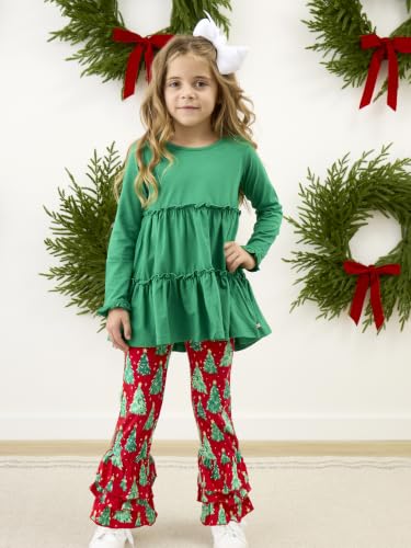 Image of RuffleButts Girls High Low Tunic - Long Sleeve Ruffle Tunic Top | 100% Cotton Fabric, Solid Color, Asymmetric Hem, Flowy Silhouette, Machine Washable, Kid Size