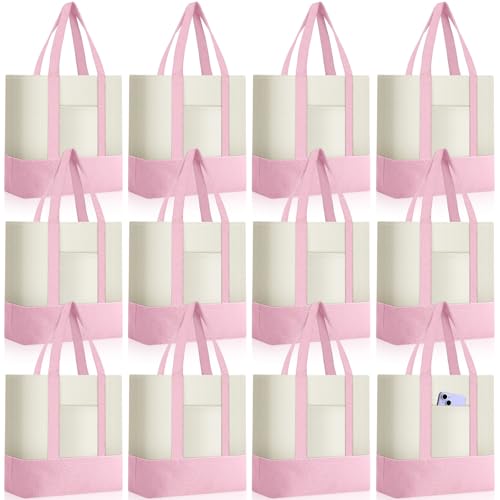 Sanwuta 12 Pcs Mini Canvas Tote Bags Bulk with Pocket, Pink