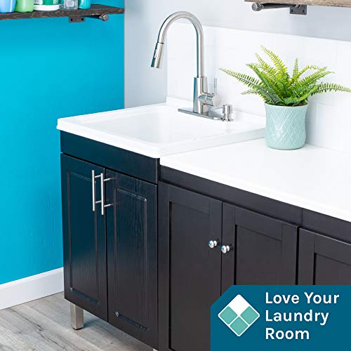 Image of JS Jackson Supplies Black Utility Sink Vanity Cabinet with White Laundry Tub, Stainless High-Arc Pull-Down Sprayer Faucet for Laundry Room, Mudroom, Basement