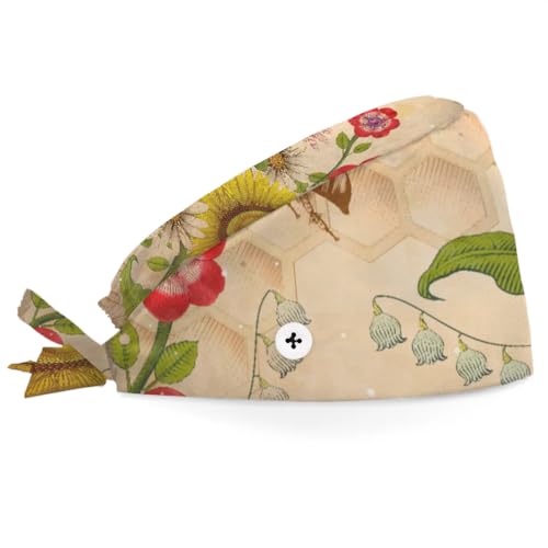 Mularoka Watercolor Sunflower Butterfly Bee Flower Working Caps with Button Sweatband Comfortable Adjustable Bouffant Hats Work Hat for Women Men