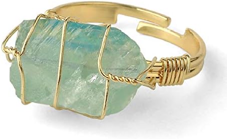 COLORFUL BLING Raw Healing Crystal Natural Stone Ring Statement Copper Wire Wrapped Irregular Crystal Gemstone Adjustalble Ring Jewelry for Women Girls - Green Fluorite