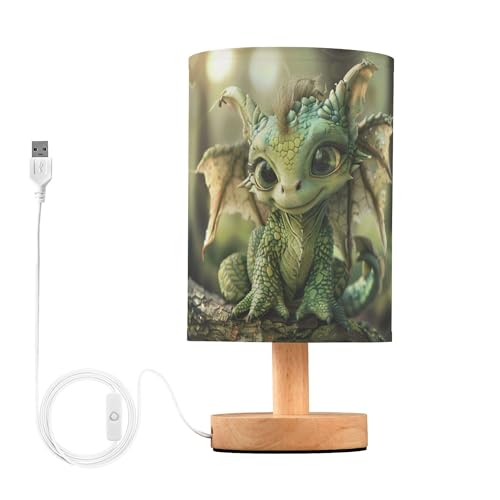 YYZZH Table Lamp Cute Dragon Baby Nightstand Lamp with Wood Base Fabric Lamp Shade Bedside Desk Lamp for Living Room Bedroom Kids Room Office