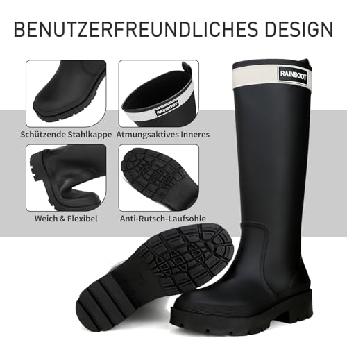 Yenxapei Gummistiefel Damen, Hoch Regenstiefel Langschaft Boots Wasserdicht Rutschfest Gummischuhe, Halbhoch Gummistiefeletten Bequem Langlebig Stiefel, Schwarz, 39